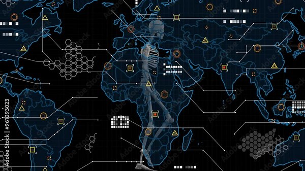 Human skeleton walking animation over world map with data points and hexagonal patterns