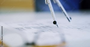 Closeup, architecture and compass drawing of blueprint for construction, technical project and building development. Engineering, floor planning and stationery tools for circle, sketch and paperwork