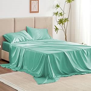 Love's cabin Satin King Sheet Sets - 4 Piece Aqua Silky Sheets King Size Bed Set with Deep Pocket, Luxury Silk Feel King Size Satin Sheet Set (1 Flat Sheet,1 Fitted Sheet,2 Pillow Cases)