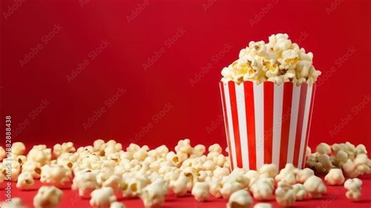 A striped popcorn bucket on a vibrant red background, viewed from a side angle. Perfect for movie or video themes, with scattered popcorn adding a playful touch. Live desktop wallpaper.