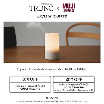 Get 1 free MUJI drink of your choice when you buy MUJI items from TRUNC for a minimum spend of P2,500. Promo code is valid for one-time use and exclusive for TRUNC customers. Promo duration is from March 15-May 31, 2024 only. Visit us on TRUNC: https://www.trunc.ph/trunc_at_home_ph/muji MUJI SM North EDSA | MUJI SM Mall of Asia | MUJI Shangri-La Plaza | MUJI Greenbelt 3 | MUJI Power Plant Mall | MUJI Central Square | MUJI Philippines