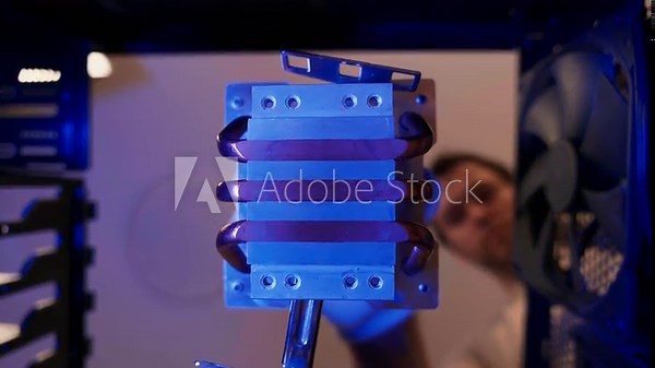 Computer technician installing air cooling system close up in PC case. Assemble computer system unit to a modern workstation. Upgrading Rendering and gaming computer hardware components