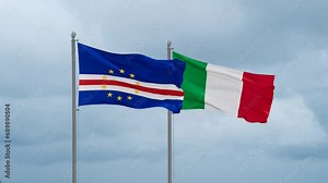 Italy and Cape Verde flag waving together on cloudy sky, endless seamless loop, two country cooperation concept