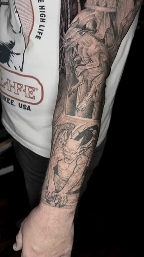 Wrapped up this full gothic gargoyle sleeve for Neal and I’m stoked on how it all came together. 🗿🖤 From the cathedral window and stonework down to the gargoyles perched on the arm, every part of this sleeve ties into that dark, moody, old-world vibe. Layered textures, deep contrasts, and tons of architectural detail — this one was a blast to build. Huge shoutout to Neal for sitting like an absolute machine through every session. Couldn’t ask for a better client to take on a project this size.