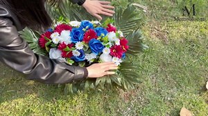 Memobloom Headstone Flower Saddle for Grave - Artificial Memorial Day Cemetery Flowers Silk Funeral Sympathy Floral Arrangements for Outdoor Gravestone Decorations (Yellow White Royal Blue)