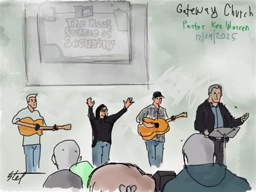 THE REAL SOURCE OF SECURITY Drawing the worship band and pastor at Gateway, my parents church in Washougal. 🎨✍️ | Stefan Aronsen