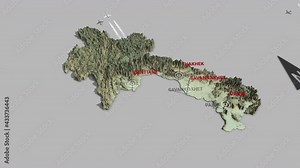 Seamless looping animation of the 3d terrain map of Laos with the capital and the biggest cites in 4K resolution