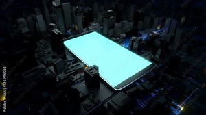 3d rendered technology background. Giant cellphone is in the center of city. Mobile phone generating a lot of energy waves. Interrelation of digital and modern life concept.