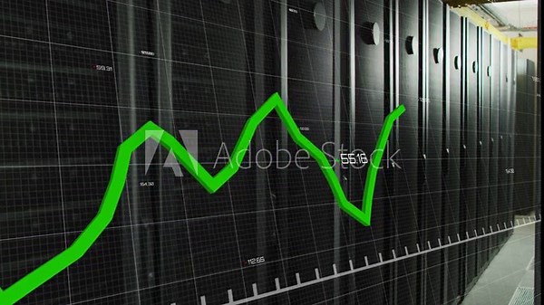 Data driving green line overlaying DC server racks with grid, rising peaking receding showing load