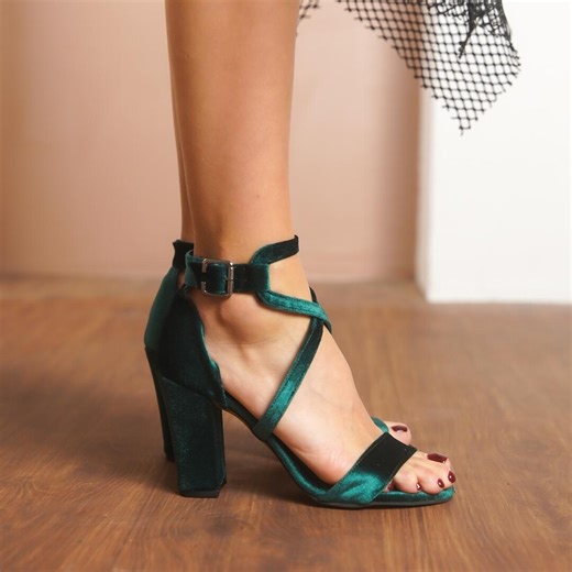 Emerald Green Velvet Sandals, Silky Velvet Open Toe Ankle Criss Cross Strap Green High Bridal Block Wedding Heels, Bridesmaid Wedding Shoes - Etsy