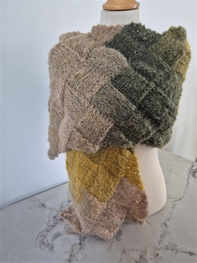 Hand Knitted Entrelac Scarf Very Soft and Warm Green Gold Beige - Etsy