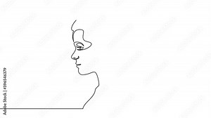 Self drawing simple animation of single continuous one line drawing female, face, beauty, girl, portrait, view, woman, side . Drawing by hand, black lines on a white background.