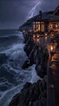 🌩️ Luxury Cliffside Beach House During a Thunderstorm | Crashing Waves, Thunder & Cozy Fireplace