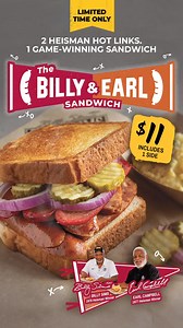 19 reactions | ✨ introducing The Billy & Earl Sandwich! Combine 2 former Heisman winners’ signature hot links for a limited time game-winning sandwich. Layered with Billy Sims Jalapeño Cheddar Link, Earl Campbell Red Hot Link, pickles & onions. Get yours today before it’s gone! Order Online | https://billysimsbbq.com | Billy Sims BBQ | Facebook