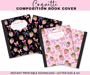 Printable Composition Notebook Cover | Iridescent Composition Book | Trendy Coquette Bow | Strawberry DIGITAL Book Cover | Pink | Black |PNG - Etsy Canada