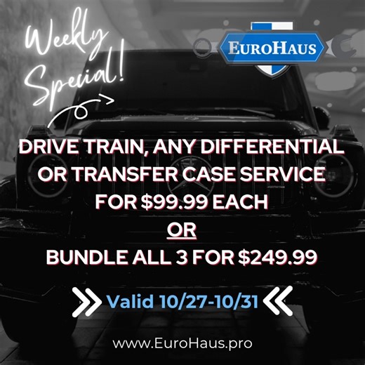 Your drivetrain deserves attention! This week only, get any differential or transfer case service for just $99.99 each, or bundle all three (front differential, rear differential, and transfer case) for only $249.99! These critical components often get overlooked, but proper maintenance prevents costly failures and ensures optimal performance in your AWD or 4WD European vehicle. Drive a 4WD or AWD vehicle? Don't miss this special! Book your drivetrain service today. #DrivetrainService #Different
