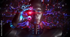 AI Robot Analyzing Computer Processor. Electrical Waves Around. Technology And Science Related 3D Animation.