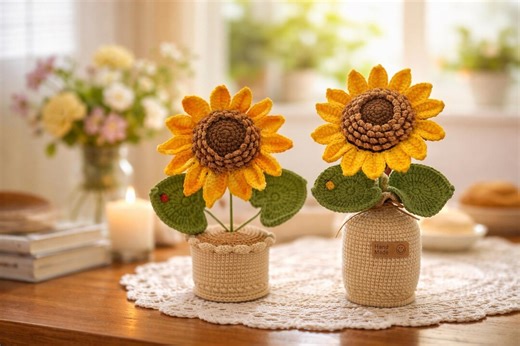 Crochet Sunflower Pot With Ladybug, Handmade Desk Decor, Mother's Day Gift - Etsy