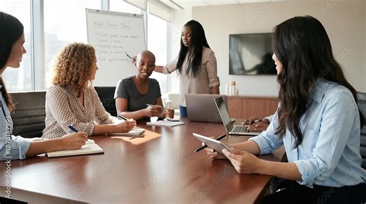 Diverse Professional Women Collaborating in a Modern Office Meeting, Led by an African American Presenter Using a Whiteboard for Discussion and Tea...