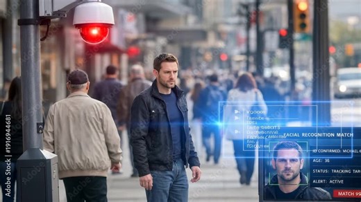 Man walking on busy city sidewalk being tracked by facial recognition system. CCTV camera with red light monitoring pedestrians in urban environment. Panning shot.