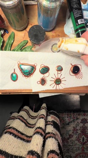 A coat of liquid latex is the last step before I can plate a piece. The latex not only protect the stone from the chemicals in the electroforming bath but also allows me to control where the copper will grow. Stay tuned to see these pieces come to life! ✨ . . . . . #electroforming #jewelryprocess #copperjewelry #clevelandartist #handmade