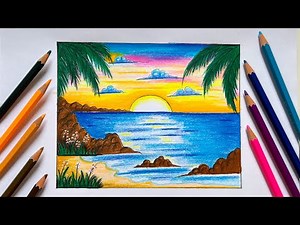 วาดภาพวิวทะเลด้วยสีไม้ How to draw Beach scenery