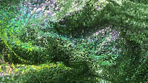 Luminous green sequin fabric twisted into a spiral, with a shimmering surface reflecting light, creating a vibrant 3D animation effect.
