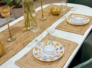 Chemin de table et set de table en jute faits main (Ensemble de 2) | Décoration de salle à manger bohème rustique