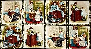 Robert Kaufman Kaufman Sewing With Singer Metallic Scene Blocks 24in Panel Antique Quilt Fabric, Gold/Red/Black