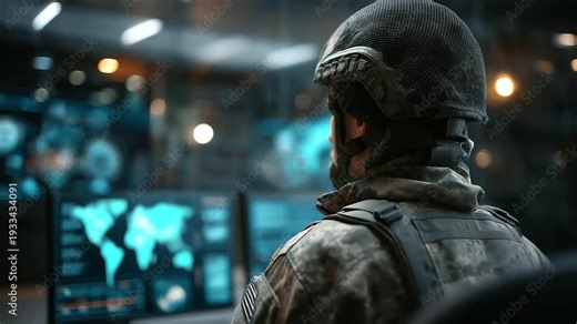 Military operations room featuring faceless soldier commanding digital controls, defocused data overlays highlighting enemy positions and mission timelines, high-tech security