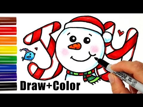 How to Draw + Color Snowman Joy in Bubbble Letters step by step