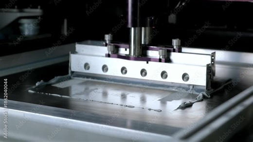 Automated solder paste printer applying precise stencil deposits to a pcb for surface-mount assembly in an electronics manufacturing line, showcasing high-tech production process
