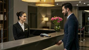 Hotel receptionist handing credit card payment terminal to guest at registration desk. Young man paying bill at hotel check in counter using pos device motion video.
