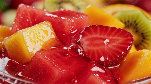 A vibrant and refreshing closeup shot of a colorful fruit salad featuring freshly cut strawberries juicy watermelon sweet oranges and ripe kiwi all beautifully drizzled with a glistening red berry sy.