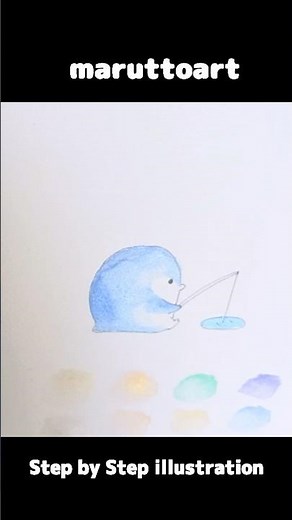 水彩でかわいいイラスト「魚釣りをするペンギン」｜まるっとあーと #watercolor #illustration