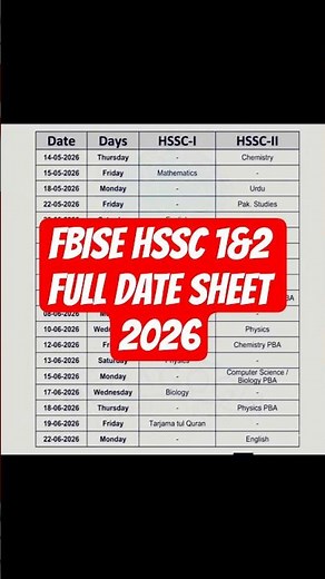 📢 FBISE HSSC Date Sheet 2026 | 1st Year & 2nd Year Complete Schedule | Latest Update #fbise #exams