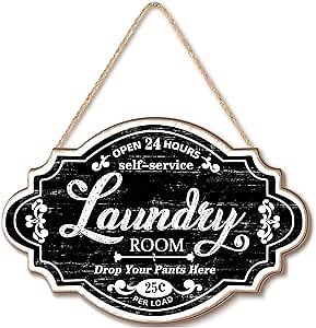 Jetec Vintage Wood Laundry Room Decor Hanging Wall Sign Door Sign Farmhouse Rustic Wall Art For Laundry Bathroom Restroom Washroom Home, 12 x 8 x 0.2 Inch(Black)