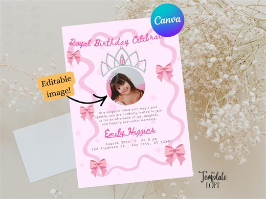 Princess Birthday Invite With Editable Custom Photo, Pink, Tiara Bow Girl Kids Party Invitation, Girly Birthday Template, Canva Digital - Etsy