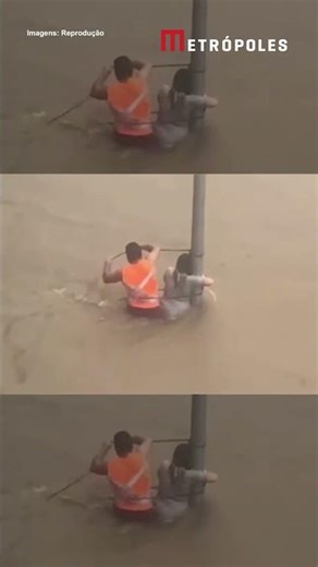 Mulher se agarra em poste e é socorrida após enxurrada em Sorocaba