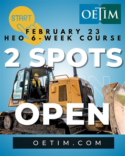 🚨 2 SPOTS LEFT!! 🚨 Start Your Heavy Equipment Operator Career as early as February 23, 2026. If you have completed an assessment and have received a 'Letter of Acceptance' you can apply for any HEO course up to a one year until a new assessment is required. Schedule an Assessment by appointment by calling 204-775-7059 or email OETIM@OETIM.com OR book February 12 group assessment >> https://oetim.com/events/heo-assessments-feb-12-2026/ | Operating Engineers Training Institute of Manitoba