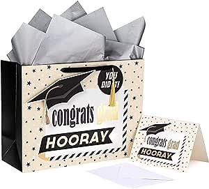 LeZakaa 16" Graduation Gift Bags with Tissue Paper, YOU DID IT Gift Tag and Card, Trencher Cap & Stars, Congrats Grad Design for Graduation Party, Ceremony, Special Occasions, Large Size
