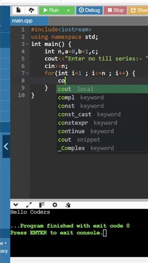 Fibonacci Series | C++ CODE | DA-CODERS | #coding #shorts