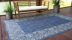 Unique Loom Outdoor Border Collection Area Rug - Floral Border (2' x 6' 1" Runner, Blue/ Ivory)