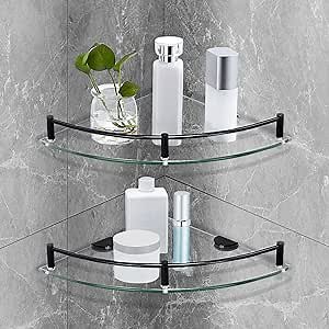 Glass Shelf Bathroom Floating Shower Corner Shelves Shampoo Holder with Rail Wall Esquinero para Baño for Inside Shower 2 Pack