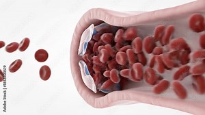 Blood Flow Through Vein with Valves A Medical Animation Showing Red Blood Cells Moving Through a Vein with Open and Closed Valves to Prevent Backflow.