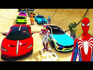 SUPERHERO CARS Race Challenge on Mega Rampa ! SPIDERMAN HULK GOKU Iron Man Epic Stunts - GTA 5