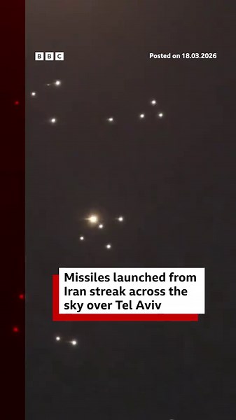 Footage captured in Tel Aviv shows Iranian missiles falling on the region in an attack that has killed at least two people. Iran's army chief threatened 'decisive' retaliation for the killing of security chief Ali Larijani. #Israel #TelAviv #Iran #BBCNews