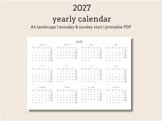 2027 Jahreskalender zum Ausdrucken, Minimalistischer Kalender, A4 Querformat, Beginn Montag & Sonntag - Etsy.de