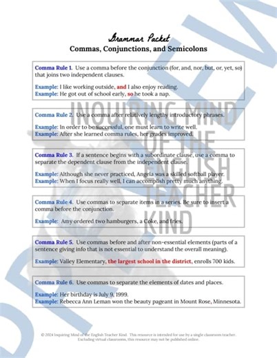 High School English Grammar Packet on Commas, Conjunctions, Semicolons (Google)