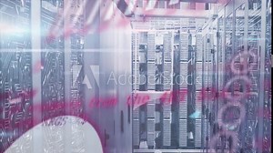 Processing data over server racks in data center, animated visualization